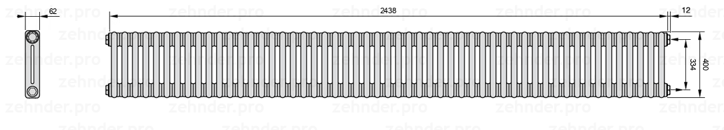 Схема (чертеж) Радиатор Zehnder Charleston 2040/53 №7610 Белый глянцевый RAL 9016